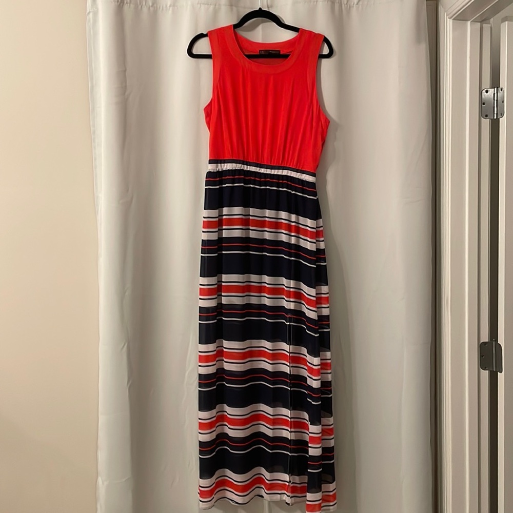 Orange, blue and white maxi dress